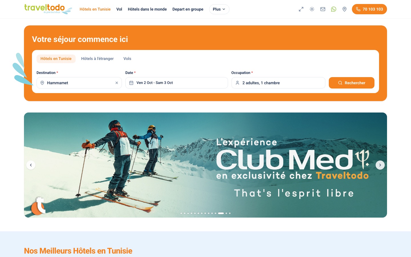 Page d'accueil du site TravelTodo avec le moteur de recherche d'hôtels